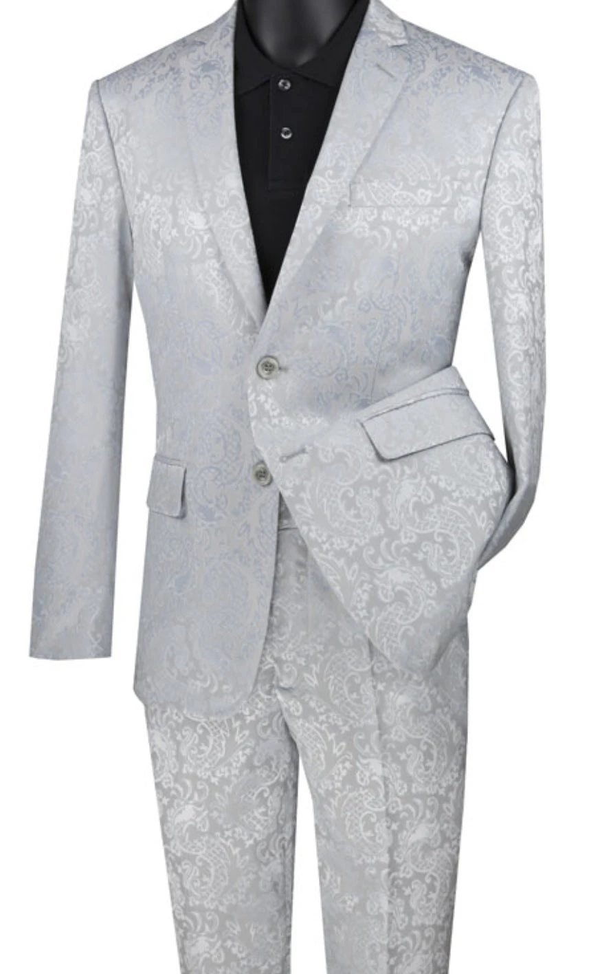 Silver Tone On Tone Paisley Pattern Slim Fit Men's 2 Piece Suit 2 Button 3 Silver Tone On Tone Paisley Pattern Slim Fit Men's 2 Piece Suit 2 Button