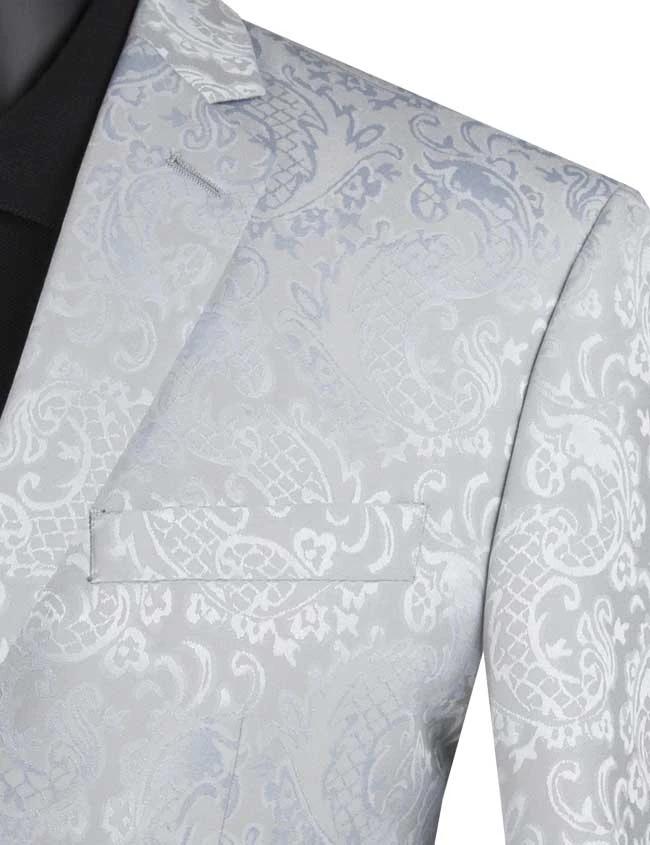Silver Tone On Tone Paisley Pattern Slim Fit Men's 2 Piece Suit 2 Button 4 Silver Tone On Tone Paisley Pattern Slim Fit Men's 2 Piece Suit 2 Button - Image 2