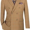 Naples Collection - Camel Modern Fit Double Breasted Windowpane Peak Lapel 2 Piece Suit