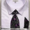 French Cuff Dress Shirt Regular Fit In White/Purple With Tie, Cuff Links And Pocket Square