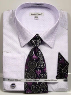 French Cuff Dress Shirt Regular Fit In White/Purple With Tie, Cuff Links And Pocket Square