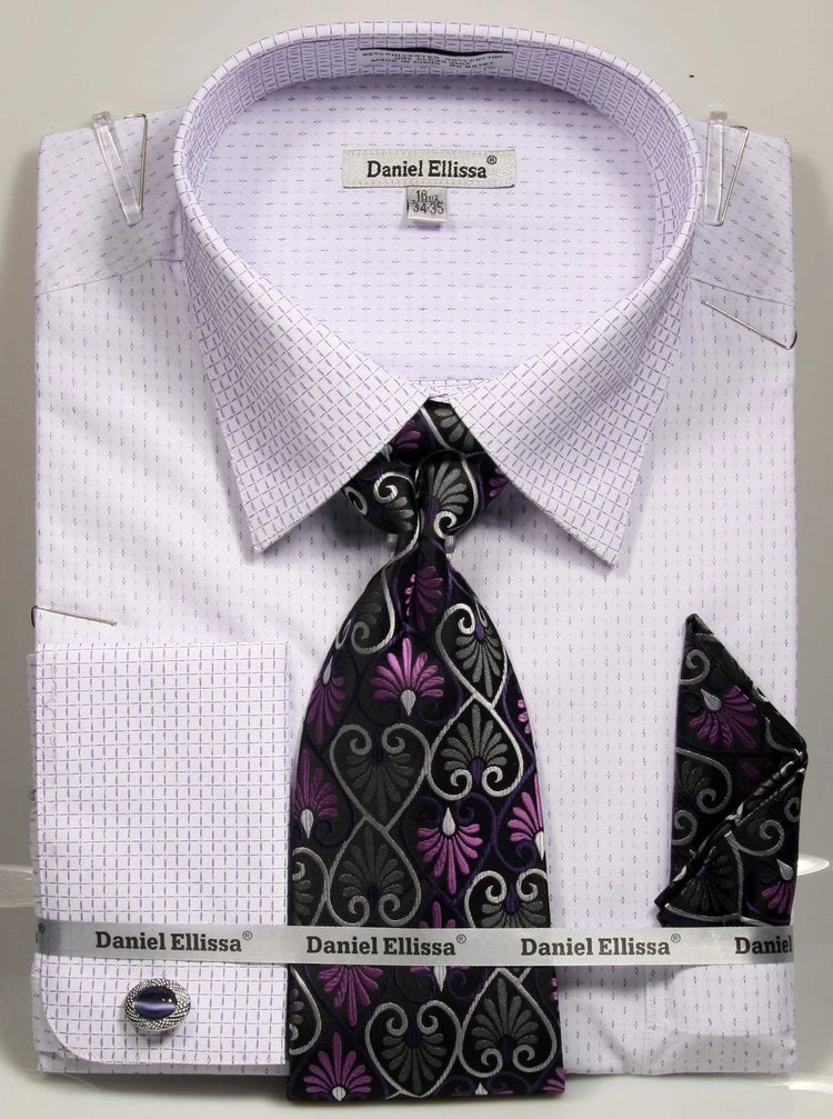 French Cuff Dress Shirt Regular Fit In White/Purple With Tie, Cuff Links And Pocket Square 3 French Cuff Dress Shirt Regular Fit In White/Purple With Tie, Cuff Links And Pocket Square