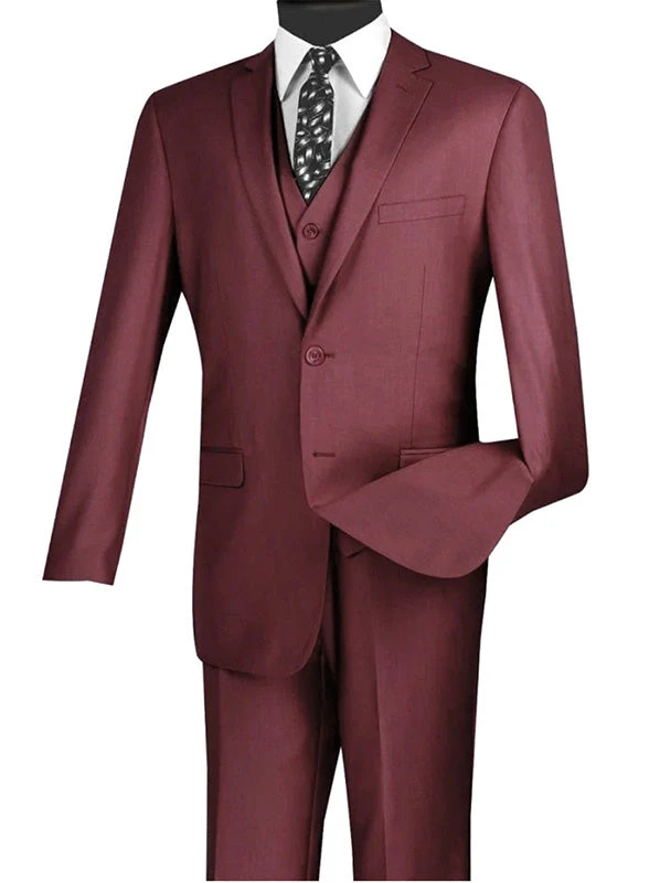 Slim Fit Business Men's Suit 3 Piece 2 Button In Burgundy 3 Slim Fit Business Men's Suit 3 Piece 2 Button In Burgundy