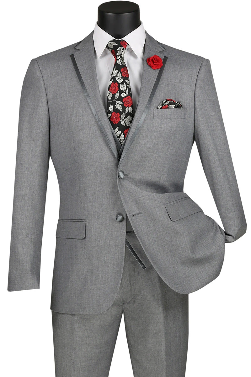Leonardo Collection - Slim Fit Tuxedo 2 Button 3 Piece Suit Light Gray 3 Leonardo Collection - Slim Fit Tuxedo 2 Button 3 Piece Suit Light Gray