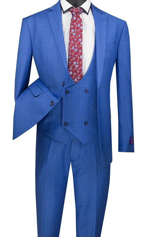 Slim Fit Suit 3 Piece With Double Breasted Vest Glen Plaid In Blue 3 Slim Fit Suit 3 Piece With Double Breasted Vest Glen Plaid In Blue