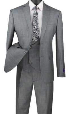 Slim Fit Suit 3 Piece With Double Breasted Vest Glen Plaid In Medium Gray