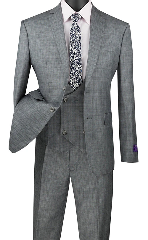 Slim Fit Suit 3 Piece With Double Breasted Vest Glen Plaid In Medium Gray 3 Slim Fit Suit 3 Piece With Double Breasted Vest Glen Plaid In Medium Gray