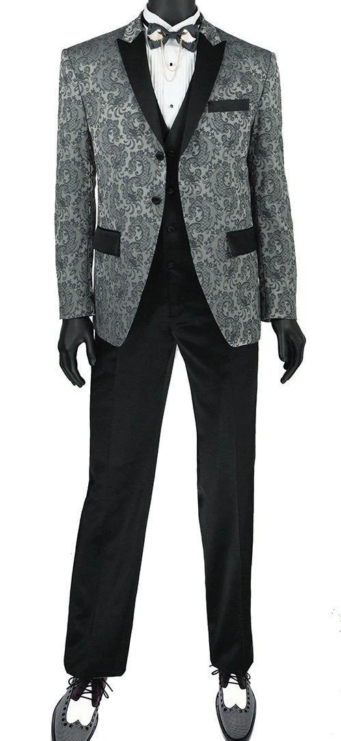 Slim Fit 3 Piece Tuxedo With Jacquard Pattern In Gray 3 Slim Fit 3 Piece Tuxedo With Jacquard Pattern In Gray
