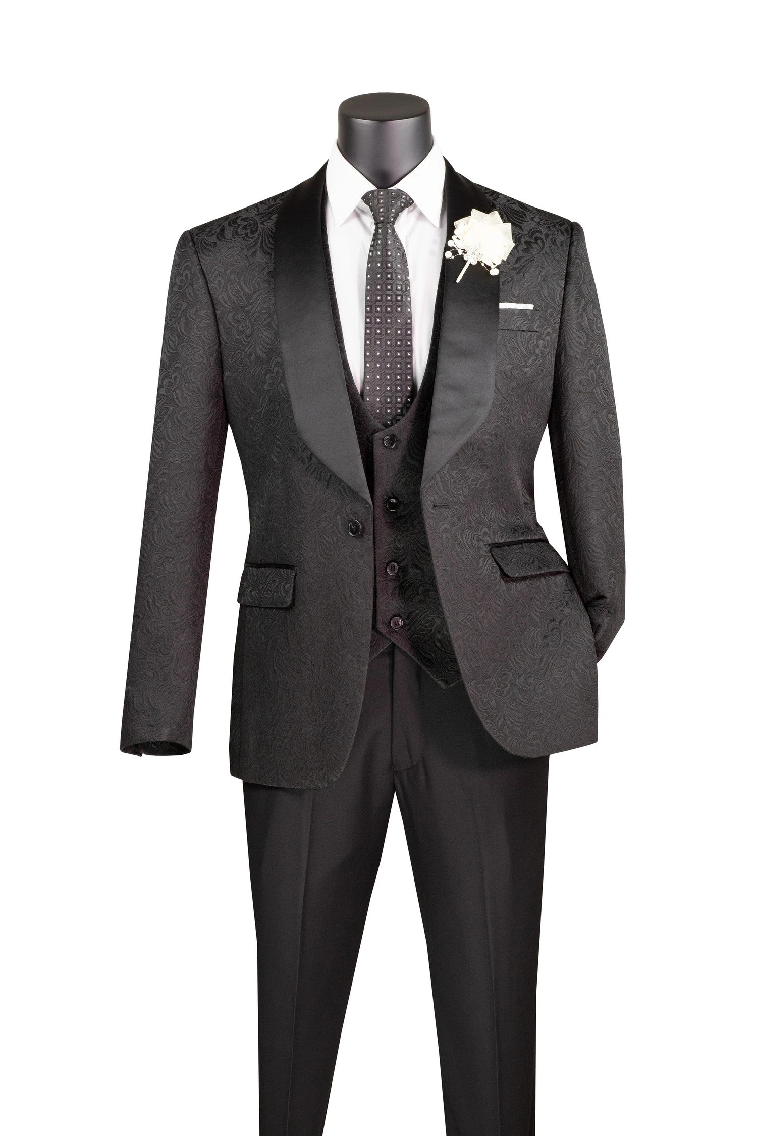 Slim Fit Tuxedo 3 Piece With Jacquard Pattern In Black 3 Slim Fit Tuxedo 3 Piece With Jacquard Pattern In Black
