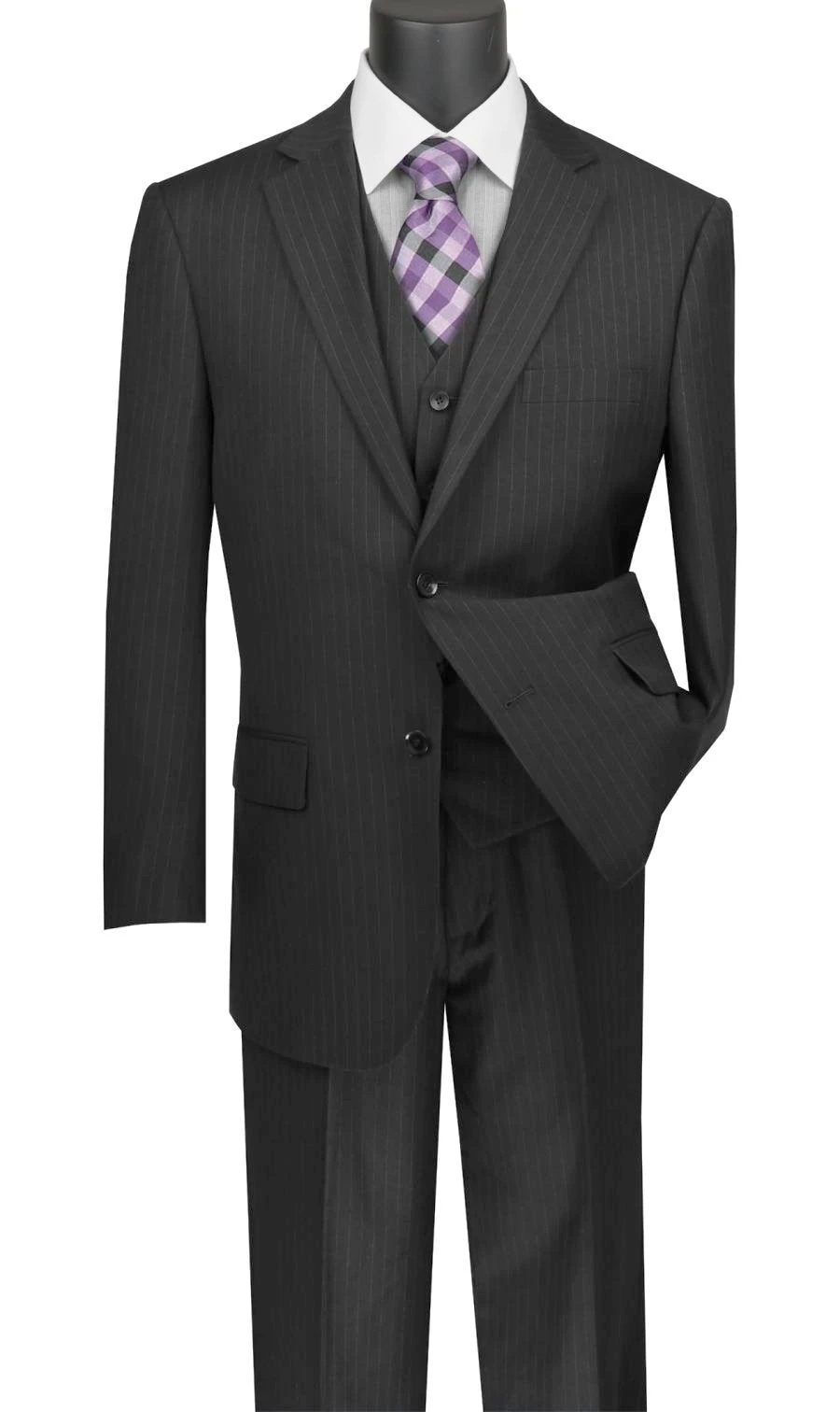 Sovana Collection - Regular Fit 3 Piece Suit 2 Button Tone On Tone Stripe In Black 3 Sovana Collection - Regular Fit 3 Piece Suit 2 Button Tone On Tone Stripe In Black