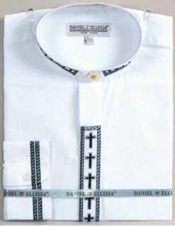 Men's Banded Collar Embroidered Shirt In White/Black