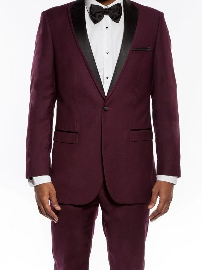 Burgundy Slim Fit 2 Piece Tuxedo With Satin Peak Lapel 3 Burgundy Slim Fit 2 Piece Tuxedo With Satin Peak Lapel