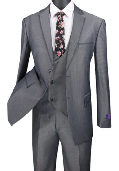 Birdseye Pattern Modern Fit 3 Piece Charcoal Suit With Contrast Trim -Sapphire Dress Shop mv2b 1 charcoal s