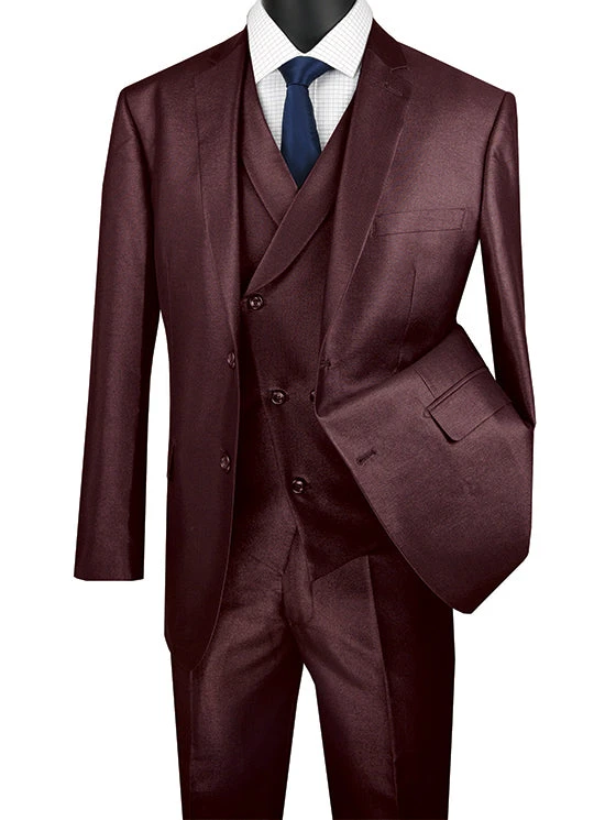 Burgundy Modern Fit Shiny Sharkskin 2 Button 3 Piece Suit 3 Burgundy Modern Fit Shiny Sharkskin 2 Button 3 Piece Suit