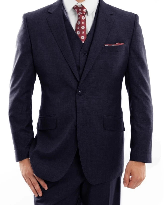 Arezzo Collection - 100% Wool Suit Modern Fit Italian Style 3 Piece In Navy 3 Arezzo Collection - 100% Wool Suit Modern Fit Italian Style 3 Piece In Navy