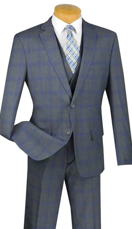 Monopoly Collection - 2 Buttons 3 Piece Suit Slim Fit Glen Plaid Gray -Sapphire Dress Shop pic886