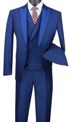 Blue Slim Fit 3 Piece Suit 1 Button With Double Breasted Vest