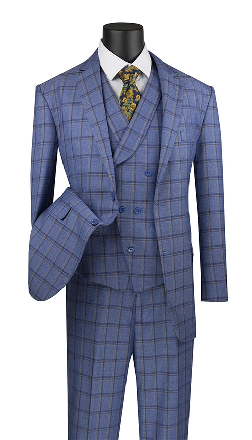 Atrani Collection - Regular Fit Windowpane Suit 3 Piece In Blue 3 Atrani Collection - Regular Fit Windowpane Suit 3 Piece In Blue