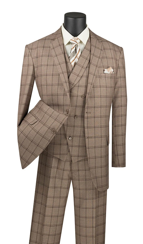Atrani Collection - Regular Fit Windowpane Suit 3 Piece In Khaki 3 Atrani Collection - Regular Fit Windowpane Suit 3 Piece In Khaki