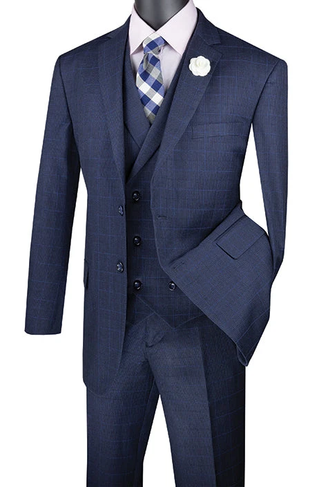Venetian Collection - Navy Regular Fit Glen Plaid 2 Button 3 Piece Suit 3 Venetian Collection - Navy Regular Fit Glen Plaid 2 Button 3 Piece Suit