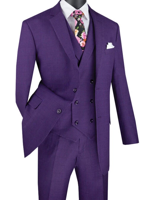 Venetian Collection - Purple Regular Fit Glen Plaid 2 Button 3 Piece Suit -Sapphire Dress Shop v2rw 13 purple S